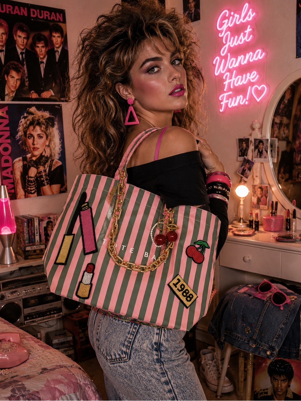 1980’s Retro Glam Tote Bag | Pink & Green Striped Cherry Bag | Custom